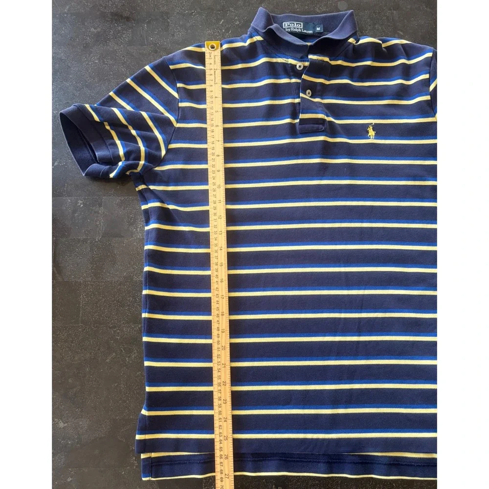 Polo Ralph Lauren Mens Medium Navy Blue Yellow Striped Short Sleeve Polo Shirt